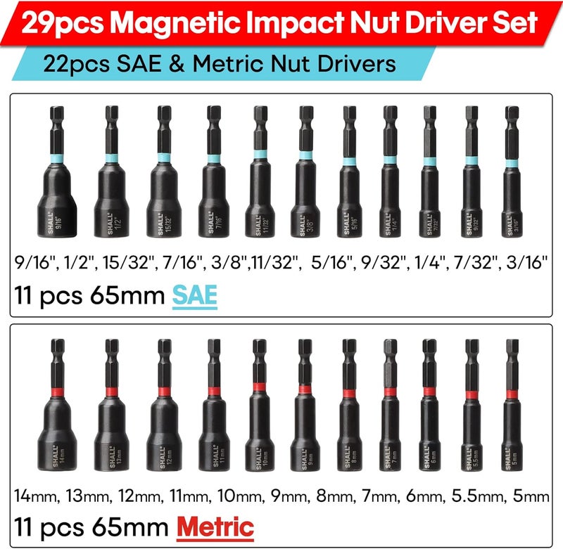 SHALL 29PCS Magnetic Nut Driver Set, Impact Drill Driver Bit 1/4" Hex Shank, SAE & Metric Cr-V Steel Power Nut Drivers with Quick-release Extensions, Impact Socket Adapters, Bit Holder and Storage Bag - Image 2
